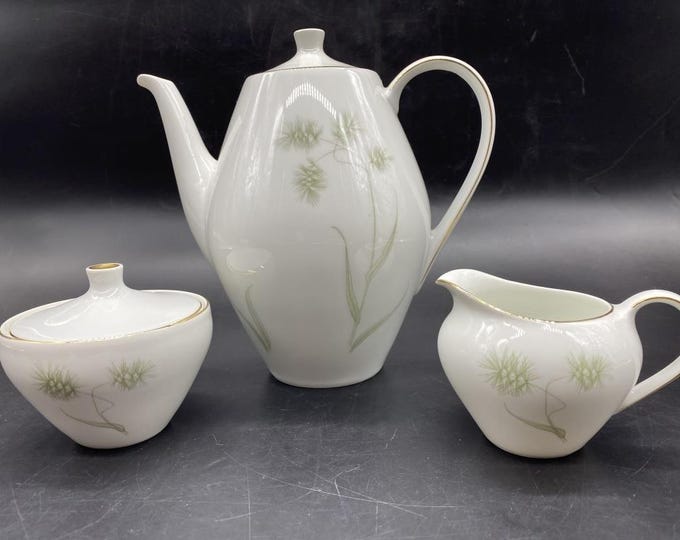Featured listing image: Vintage Coffee Set MCM Schonwald Germany Coffeepot, Creamer, Lidded Sugar Mid Century Green and White, Gold Trim