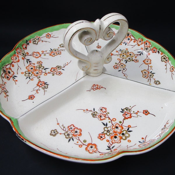 Divided Candy Dish Nut Dish Heart Shape Handle, Orange and Brown Blossoms, Green Trim