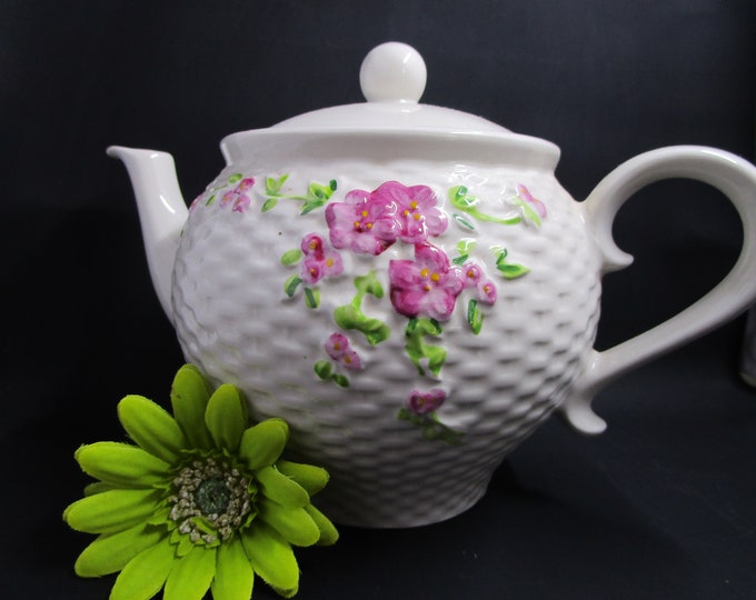 Featured listing image: Teleflora Teapot Basketweave Pattern Pink Roses 1985 Porcelain Teapot  Hygge Home