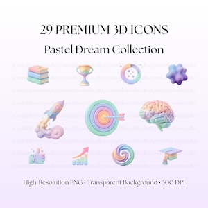 May include: A collection of 29 premium 3D icons in a pastel color palette. The image includes icons of books, a trophy, a pie chart, a cloud, a rocket, a target, a brain, a thumbs up, a graph, a swirl, and a graduation cap. Text reads "Pastel Dream Collection."