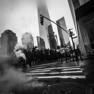 Black and white photo of one world trade centre.