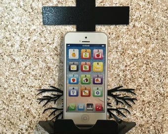 CROSS W/ ROOTS phone stand, phone holder, metal phone stand, office decor