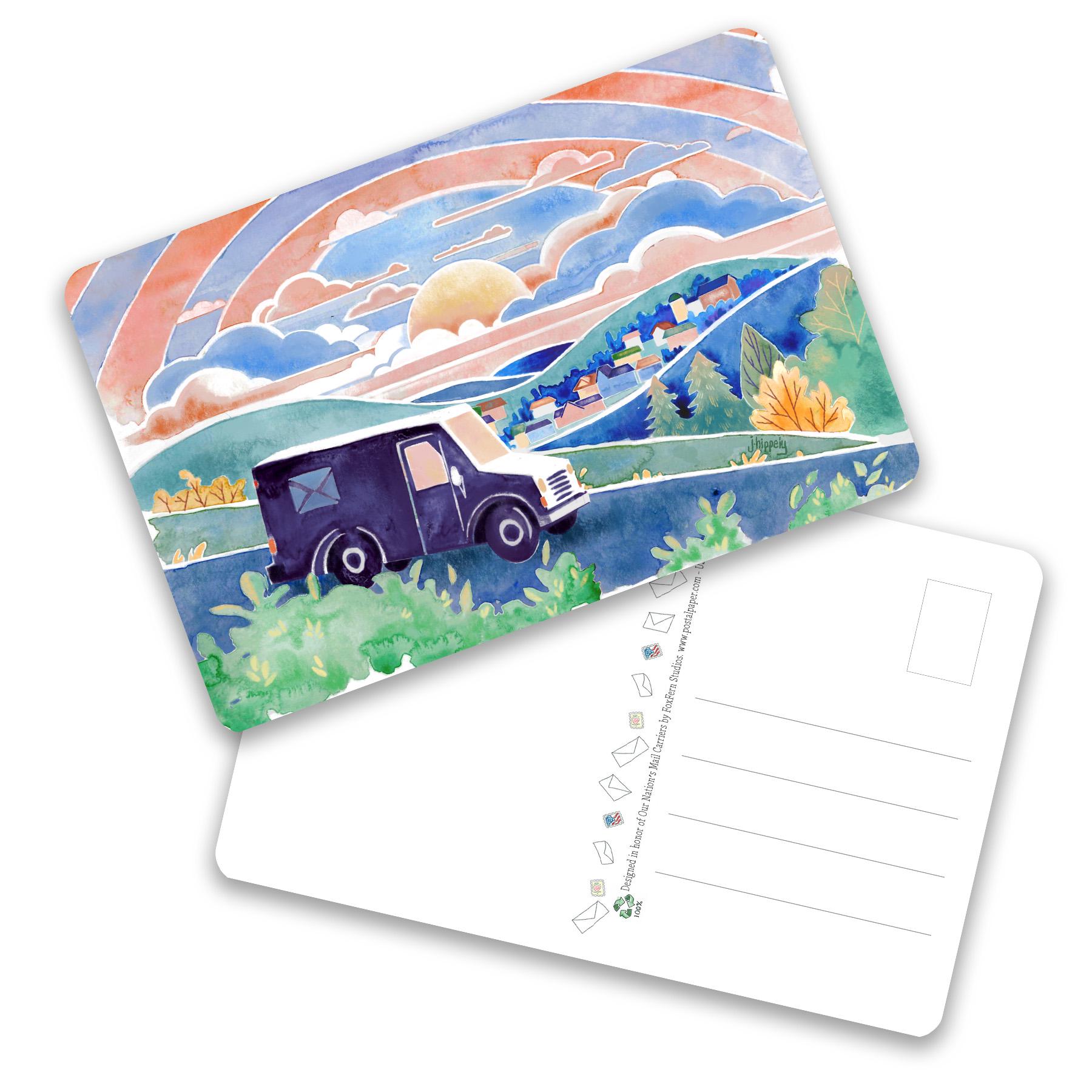 Blank Postcards - Sunset Valley with Mail Truck - Premium Card Stock - 4x6 - Rounded Corners