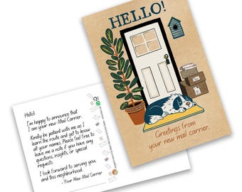 May include: A postcard with a cartoon illustration of a dog sleeping in front of a closed door. The text on the postcard says "Hello! Greetings from your new mail carrier."
