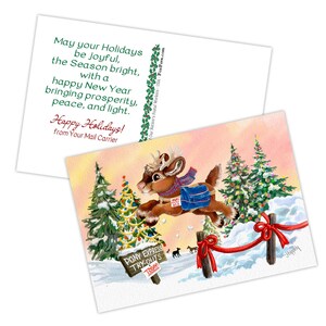 May include: A holiday greeting card featuring a brown reindeer wearing a blue mail bag and scarf, leaping over a red ribbon fence. The text reads: May your Holidays be Joyful, the Season bright, with a happy New Year bringing prosperity, peace, and light.