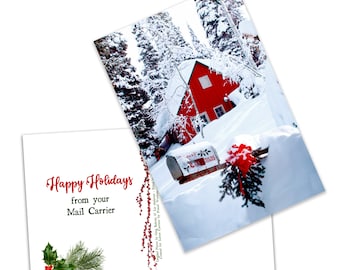 ECONOMY - 50 Postcards for Mail Carriers - Snowy Cabin & Mailbox Holiday Greeting - 3.5” x 5.5”
