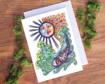 Koi Greeting Card - Celestial Card - Night and Day - Fire and Water - 5" x 7" - 100% Recycled
