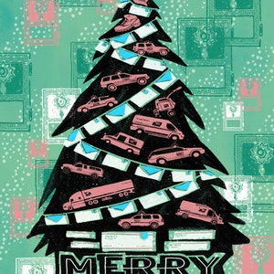 Retro Style Christmas Tree w/ Mail Vehicles & PO Boxes - Christmas Postcards for US Mail Employees - Mail Thank You