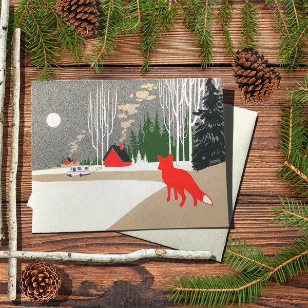 Mail Fox - Holiday Themed Postal Notecard - Winter Scene with a Red Fox and Mail Truck - 4.25” x 5.5"