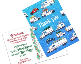 Thank You - Special Delivery Mail Vehicle Postcards - Holiday Cards for Mail Carriers - Postal Greetings 4”x6”