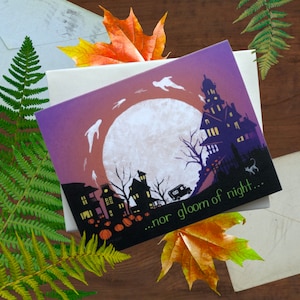 Halloween Postal Themed Notecard - Lone Mail Truck in a Cute, Spooky, Town w Moon and Ghosts - 4.25” x 5.5"