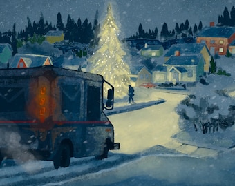 Twilight Delivery - Mail Carrier Holiday Postcard with Mail Truck and City Carrier - Postal Greetings 4”x6”