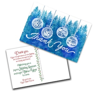 May include: A blue watercolor postcard with a winter forest scene and ornaments hanging from the trees. The ornaments have illustrations of mailboxes, packages, and a mail truck. The text "Thank You" is written in cursive on the postcard.
