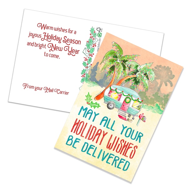 Letter Carrier Holiday Postcards - Retro Trailer with Holiday Greeting - Mailman Thank You Cards