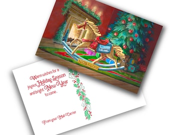 Pony Express - Mail Carrier Holiday Postcard with Rocking Horse - Postal Greetings 4”x6”