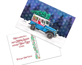 Mail Carrier Holiday Postcard - Santa Driving DJ5 Mail Jeep in Snow - 4” x 6”