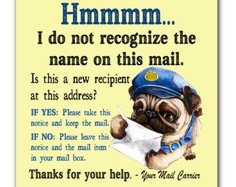 Mail Carrier Sticky Note Pad: Pug Dog - New Name Notice (3x3")