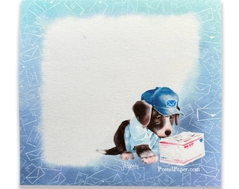 May include: A blue and white notecard with a cartoon illustration of a dog wearing a blue postal worker hat and uniform. The dog is holding a package and looking at it. The background is a light blue with a pattern of white envelopes.