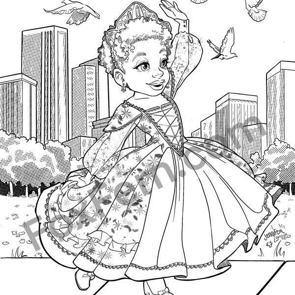 Coloring Pages for Curly Haired Girls -  Princess Dancing in the Park with Birds - Art by Jennifern Hippely - Digital Download