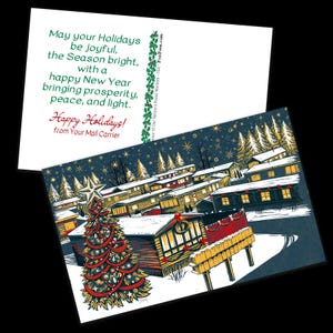 May include: Holiday greeting card featuring a winter village scene with a decorated Christmas tree and snow. The card includes the text "May your Holidays be Joyful...Happy Holidays! from Your Mail Carrier."