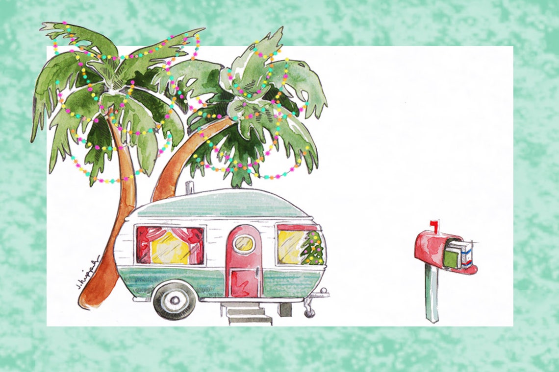 Retro Trailer & Palm Trees Holiday Postcards From Your Letter Carrier