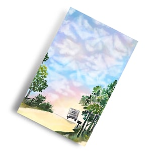 May include: A watercolor painting of a white mail truck driving down a dirt road with trees on either side. The sky is a light blue with white clouds and a pink sunset.