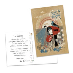 Guess Who is Retiring! - Postal Retirement Announcement - Mail box Mail Carrier Postcard 4”x6”