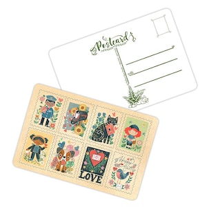 May include: Two postcards, one with a cream-colored front featuring illustrated stamps with various designs, including a mail carrier, cat, and the word "LOVE." The other postcard is white with the word "Postcard" and lines for writing.