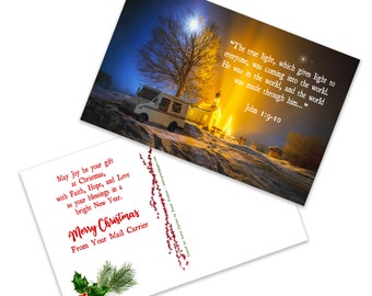 ECONOMY - 50 Postcards for Mail Carriers - Spiritual Merry Christmas Card w/ Church Scene - 3.5” x 5.5”