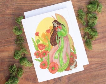 Fairy Greeting Card - Faerie w/ Poppies - Coral and Chartreuse - Fox Spirit Animal - 5" x 7" - 100% Recycled