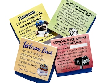 May include: Four square sticky notes with messages from a mail carrier. The notes have various messages, including "Welcome Back" and "Someone made a home in your mailbox." The notes feature illustrations of a pug, a dog, and a mailbox.