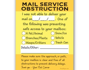 Sticky Note Pad for Mail Carriers - 3 x 4” - Mail Service Obstruction - Post-it® Note - Yellow and Orange Colors