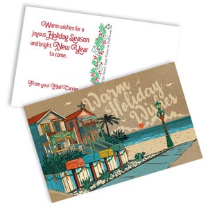 May include: Holiday greeting cards featuring a beach scene with houses, mailboxes, and a lamppost. The cards have text that reads "Warm Holiday Wishes" and "Warm wishes for a joyous Holiday Season and bright New Year to come. From your Mail Carrier."