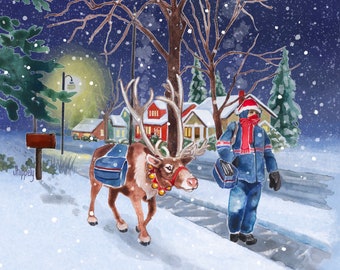 Auxiliary Assistance Reindeer - Mail Carrier Christmas Postcard - Postal Greetings 4”x6”