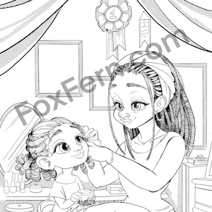 Coloring Pages for Curly Haired Girls - Little Girl Having Her Hair Styled - Art by Jennifern Hippely - Digital Download