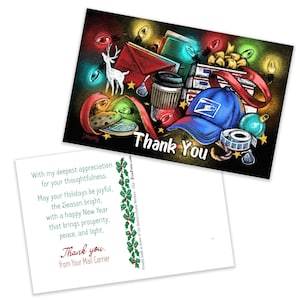 May include: A holiday-themed postcard with a colorful illustration featuring a postal worker's hat, coffee cup, cookies, and a deer figurine. The words "Thank You" are prominently displayed. The back of the card has a message of appreciation.