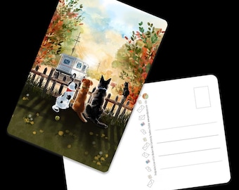 Blank Postcards - Pets Watching Mail Truck Drive By - Premium Card Stock - 4x6 - Rounded Corners