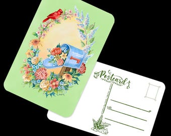Blank Postcards - Bird with Mailbox and Floral Wreath - Postcrossing - 4x6