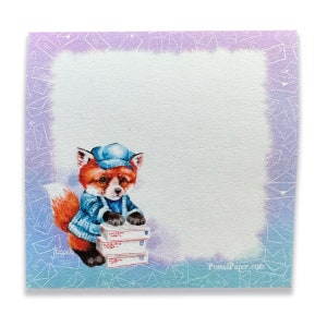 May include: A cute fox wearing a blue hat and jacket, holding a stack of mailboxes. The background is a light blue and purple gradient with a pattern of white envelopes.