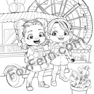Coloring Pages for Curly Haired Girls - Besties at the Carnival - Art by Jennifern Hippely - Digital Download