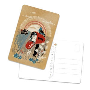 May include: A vintage-style postcard featuring a red mailbox with a blue bird perched on top. The mailbox is surrounded by flowers and grass, and a car drives by in the background. The sun is shining brightly, and a rainbow is visible in the sky.