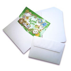 May include: A set of thank you cards with envelopes. The cards feature a watercolor illustration of cookies and a mail truck with the text "Thank you".