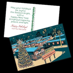 May include: A holiday postcard with a festive illustration of a Christmas tree and buildings under a starry night sky. The front of the card reads "Happy Holidays!" and "May your Holidays be joyful..." from Your Mail Carrier.
