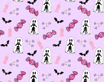 Patrón sin costuras de Halloween gótico pastel: fantasmas y gato negro (papel digital PNG)