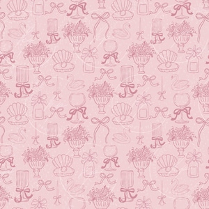 Op de afbeelding: Een roze naadloos patroon met witte stippen en lijntekeningen van zwanen, schelpen, bloemen, strikken, wijnglazen, flessen en kaarsen. De tekeningen zijn in een donkerdere roze tint.