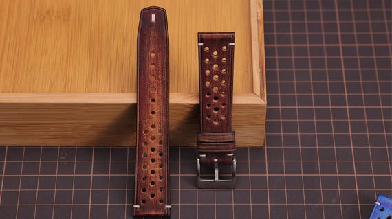 Handmade Dark Brown Vegtan Leather Rally Watch Strap: Racing Style