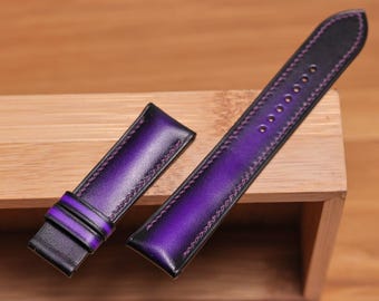 Correa de reloj de cuero vegetal morado hecha a mano: cuero italiano de plena flor