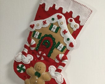 Bucilla Felt 18" GINGERBREAD HOUSE Christmas stocking completed
