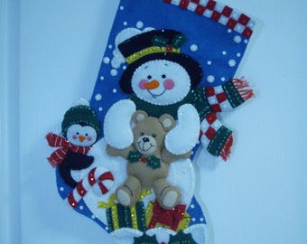 Bucilla Completed Felt 18"  Snowman & Teddy Bear Christmas Stocking