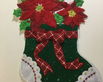 Bucilla Completed Felt 18"  CHRISTMAS POINSETTIA Stocking